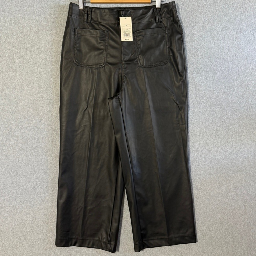 A New Day Faux Leather Pants Chic Size 12 Black NWT Wide Leg Cropped Trousers
